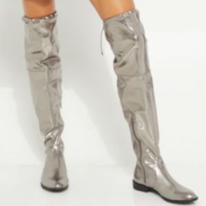 Metallic Silver Over The Knee Boots